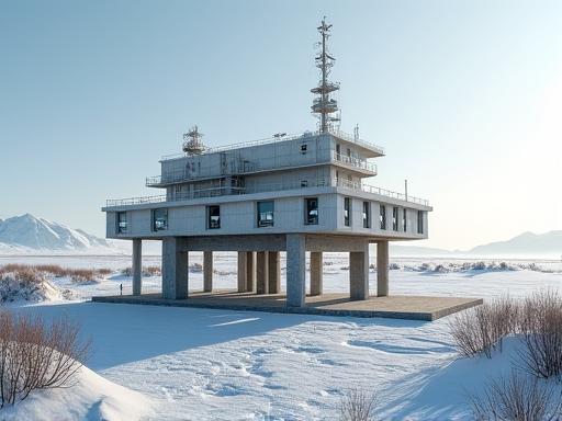 Infrastruktur bygget på stylter over permafrost i et arktisk landskap.
